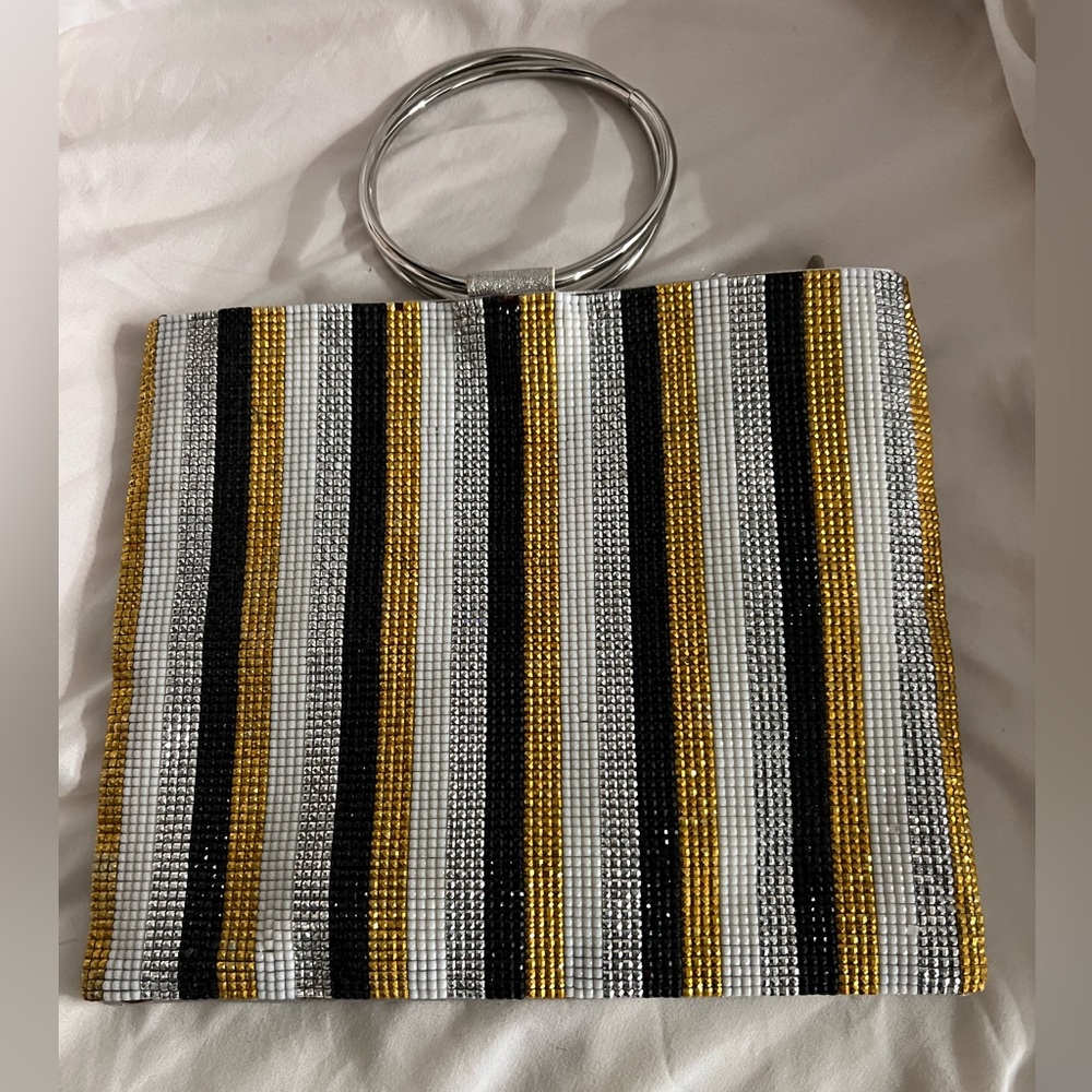 Nina Gold, Black, and Silver Striped Clutch